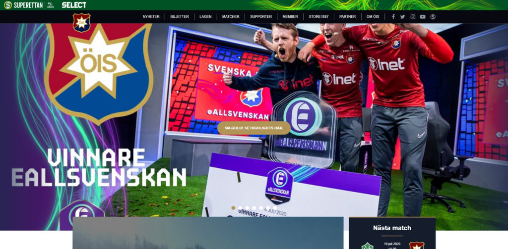 Örgryte IS hemsida pryds av esport. Detta efter att deras Fifa-lag vunnit Eallsvenskan.